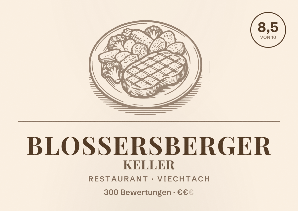 Illustriertes Poster von Blossersberger Keller, Restaurant in Viechtach: Bewertung 8,5 von 10 aus 300 Bewertungen, Preisniveau €€