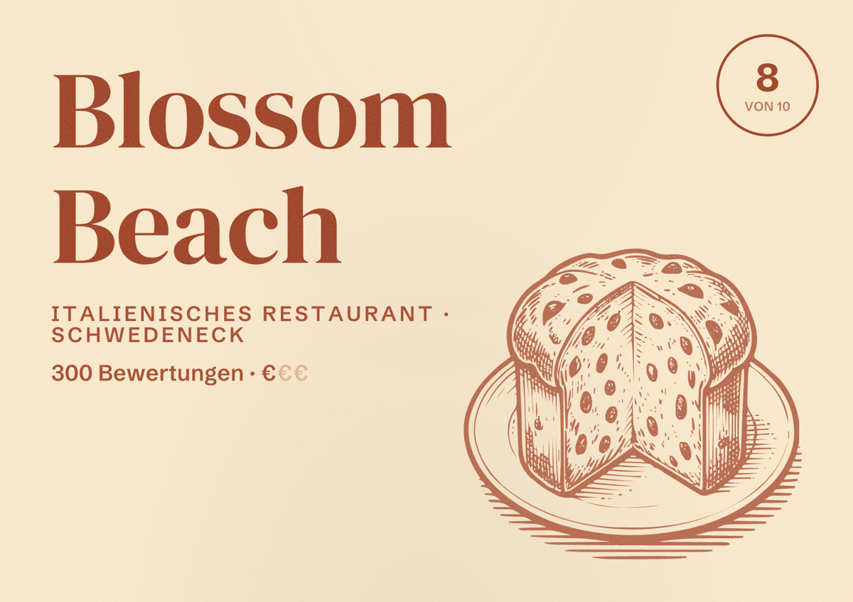 Illustriertes Poster von Blossom Beach, Italienisches Restaurant in Schwedeneck: Bewertung 8 von 10 aus 300 Bewertungen, Preisniveau €
