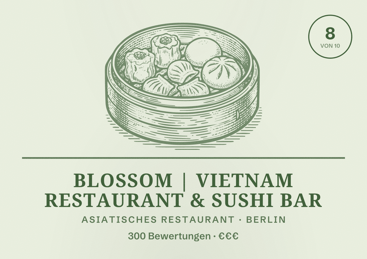 Illustriertes Poster von BLOSSOM | VIETNAM RESTAURANT & SUSHI BAR, Asiatisches Restaurant in Berlin: Bewertung 8,0 von 10 aus 300 Bewertungen, Preisniveau €€€