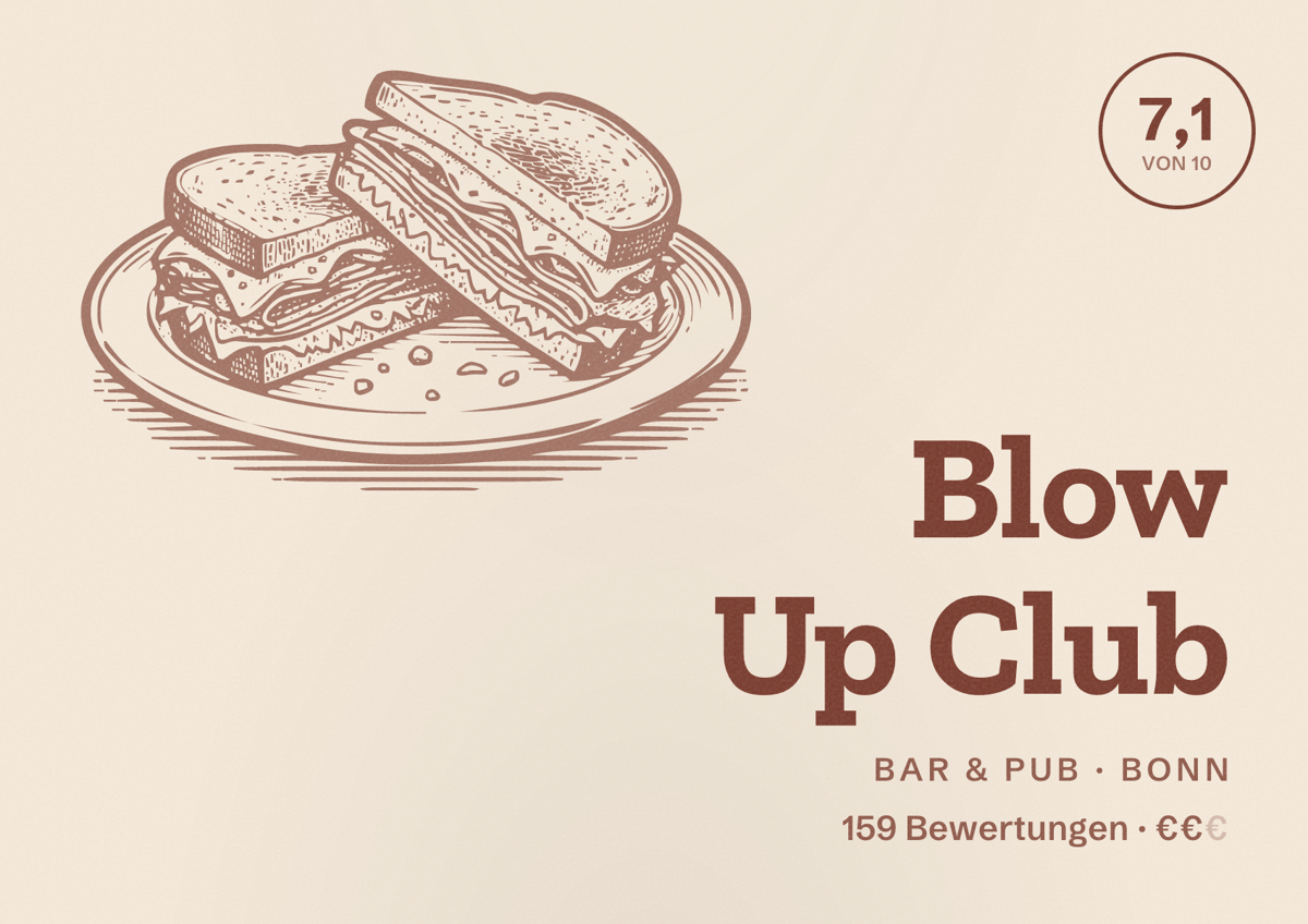 Illustriertes Poster von Blow Up Club, Bar & Pub in Bonn: Bewertung 7,1 von 10 aus 159 Bewertungen, Preisniveau €€