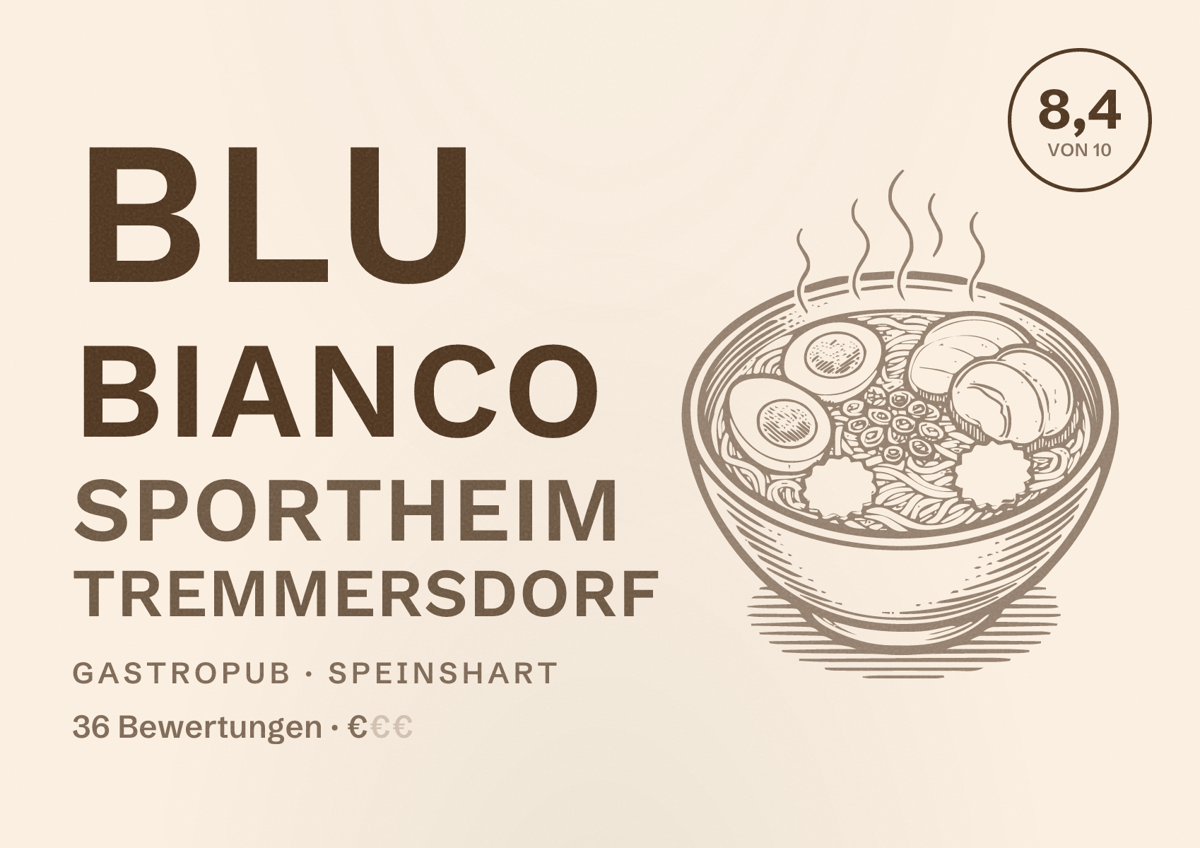 Illustriertes Poster von Blu Bianco Sportheim Tremmersdorf, Gastropub in Speinshart: Bewertung 8,4 von 10 aus 36 Bewertungen, Preisniveau €