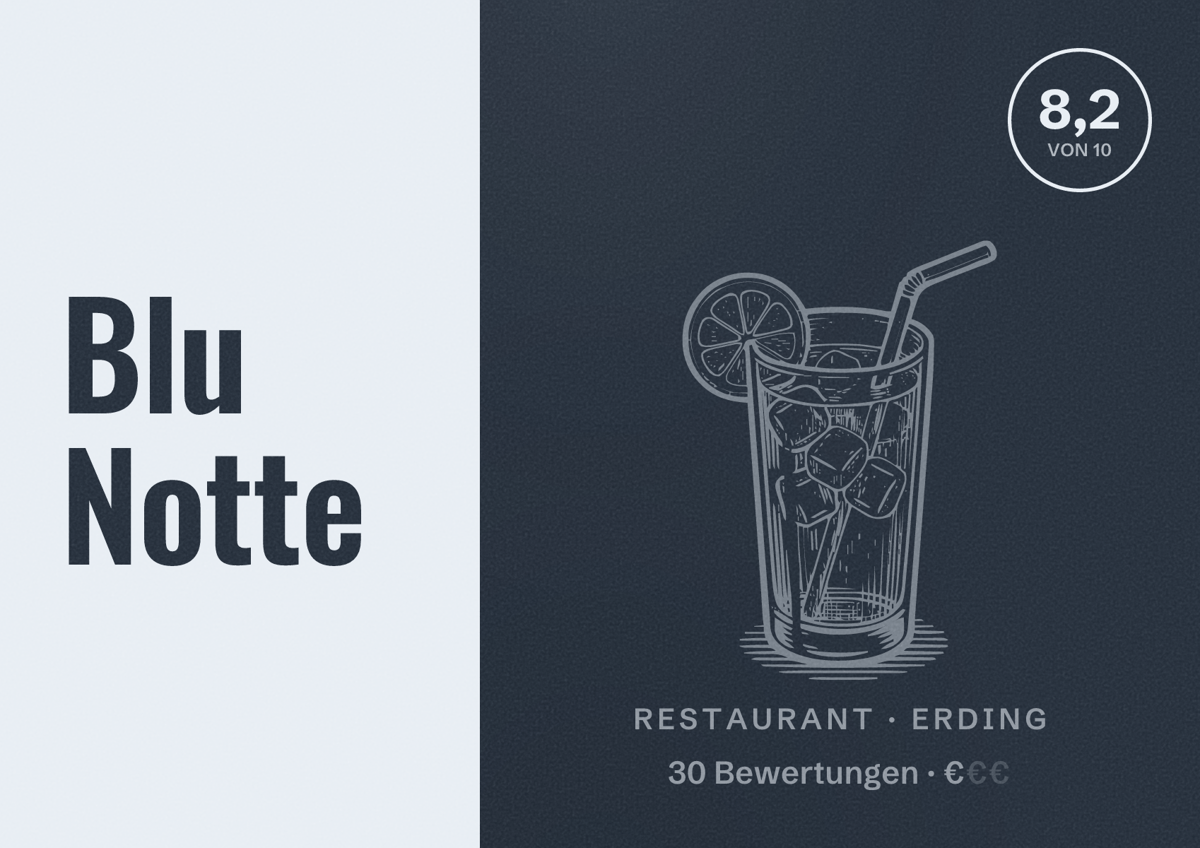 Illustriertes Poster von Blu Notte, Restaurant in Erding: Bewertung 8,2 von 10 aus 30 Bewertungen, Preisniveau €