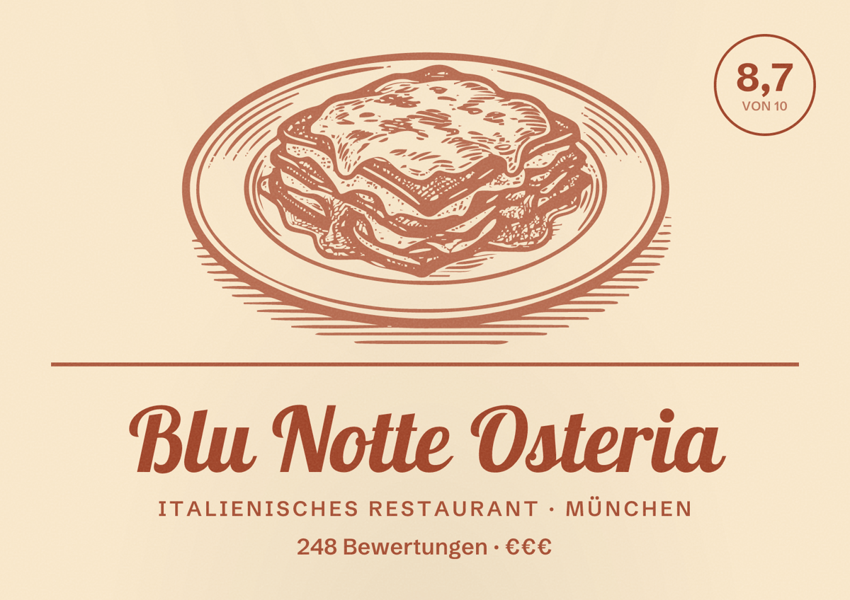 Illustriertes Poster von Blu Notte Osteria, Italienisches Restaurant in München: Bewertung 8,7 von 10 aus 248 Bewertungen, Preisniveau €€€