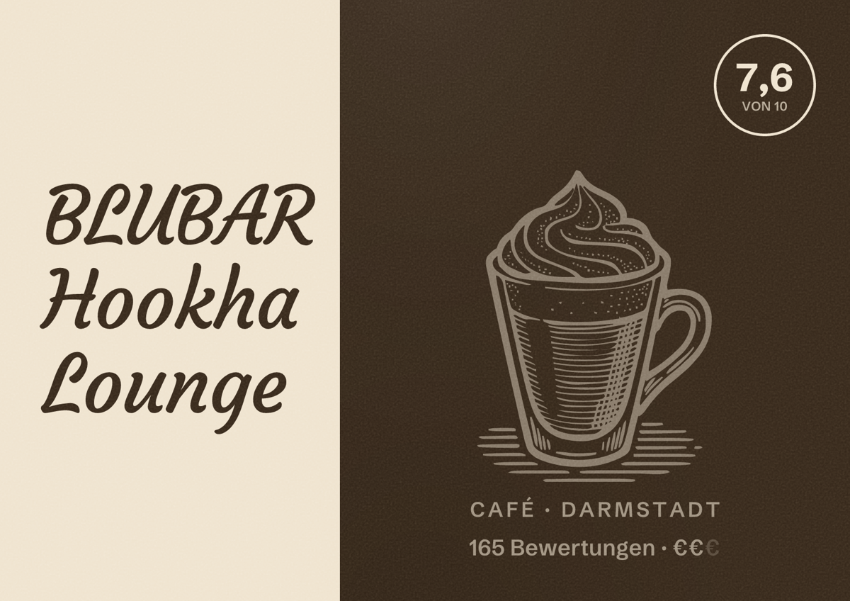 Illustriertes Poster von BLUBAR Hookha Lounge, Café in Darmstadt: Bewertung 7,6 von 10 aus 165 Bewertungen, Preisniveau €€