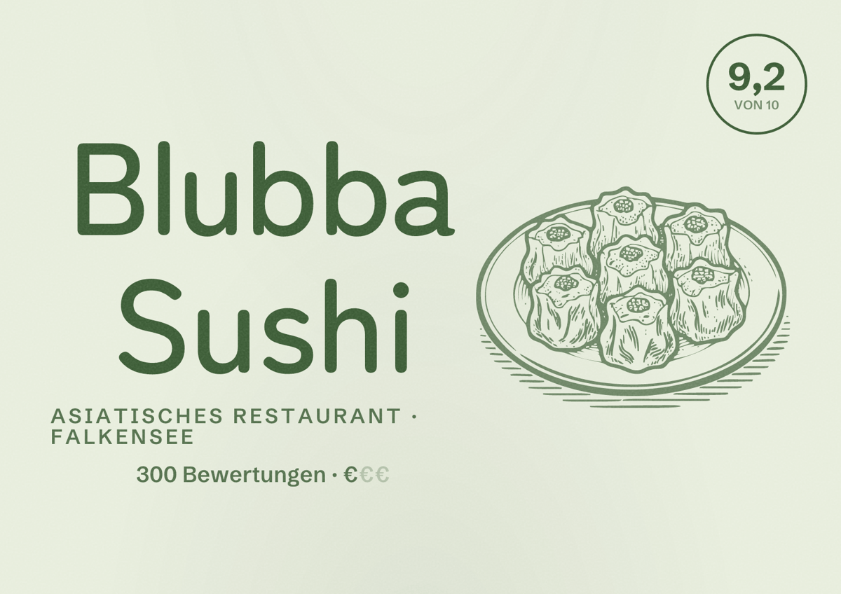 Illustriertes Poster von Blubba Sushi, Asiatisches Restaurant in Falkensee: Bewertung 9,2 von 10 aus 300 Bewertungen, Preisniveau €