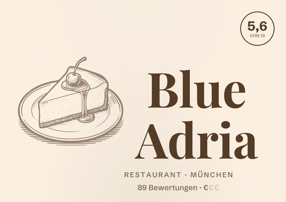 Illustriertes Poster von Blue Adria, Restaurant in München: Bewertung 5,6 von 10 aus 89 Bewertungen, Preisniveau €
