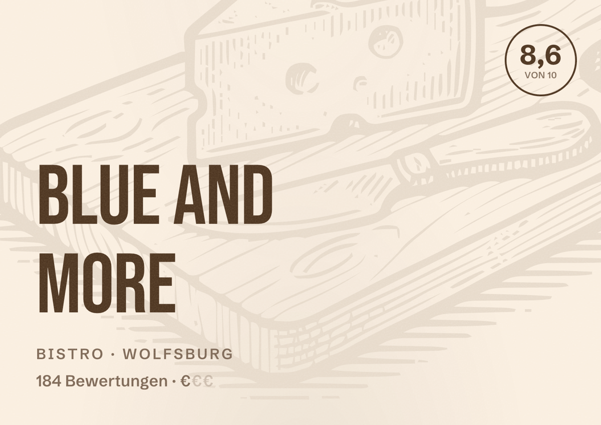 Illustriertes Poster von Blue and more, Bistro in Wolfsburg: Bewertung 8,6 von 10 aus 184 Bewertungen, Preisniveau €