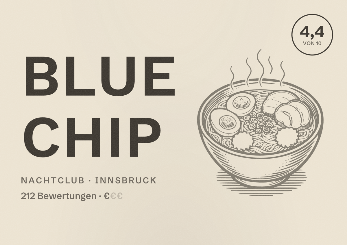 Illustriertes Poster von Blue Chip, Nachtclub in Innsbruck: Bewertung 4,4 von 10 aus 212 Bewertungen, Preisniveau €