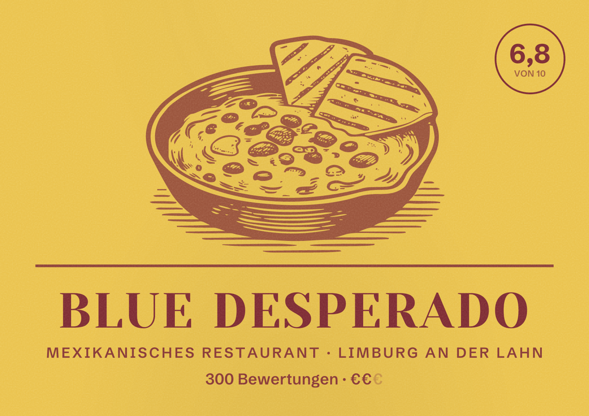 Illustriertes Poster von Blue Desperado, Mexikanisches Restaurant in Limburg an der Lahn: Bewertung 6,8 von 10 aus 300 Bewertungen, Preisniveau €€