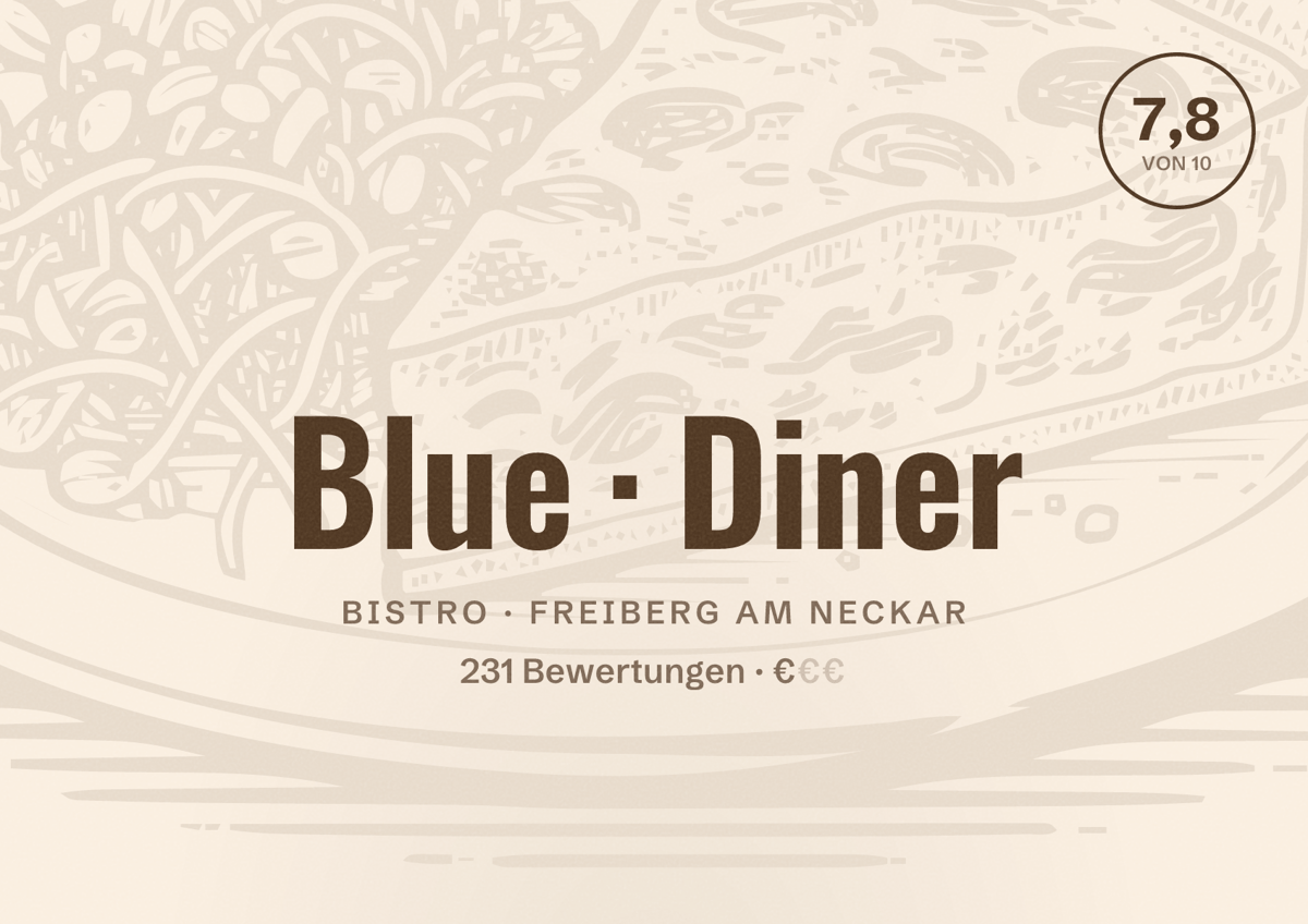 Illustriertes Poster von Blue Diner, Bistro in Freiberg am Neckar: Bewertung 7,8 von 10 aus 231 Bewertungen, Preisniveau €