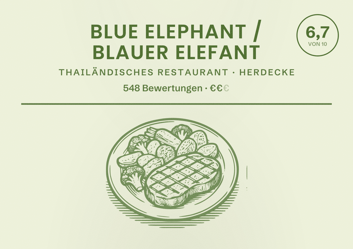 Illustriertes Poster von Blue Elephant / Blauer Elefant, Thailändisches Restaurant in Herdecke: Bewertung 6,7 von 10 aus 548 Bewertungen, Preisniveau €€