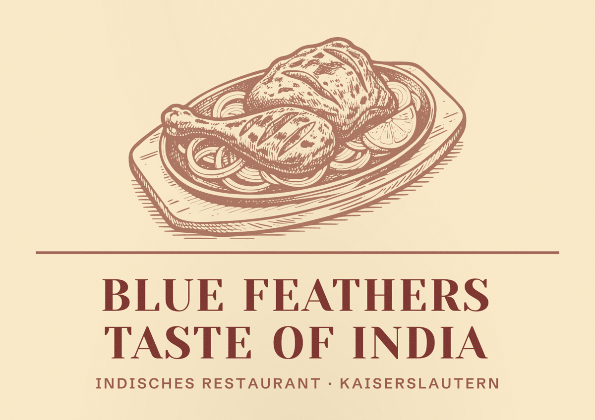 Illustriertes Poster von Blue Feathers Taste of India, Indisches Restaurant in Kaiserslautern