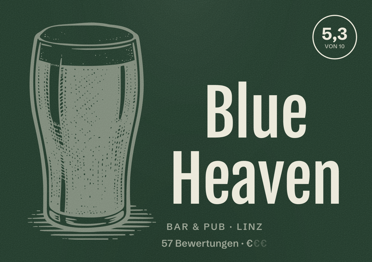Illustriertes Poster von Blue Heaven, Bar & Pub in Linz: Bewertung 5,3 von 10 aus 57 Bewertungen, Preisniveau €