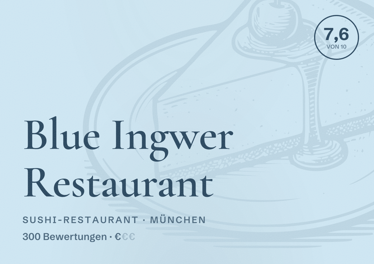 Illustriertes Poster von Blue Ingwer Restaurant, Sushi-Restaurant in München: Bewertung 7,6 von 10 aus 300 Bewertungen, Preisniveau €