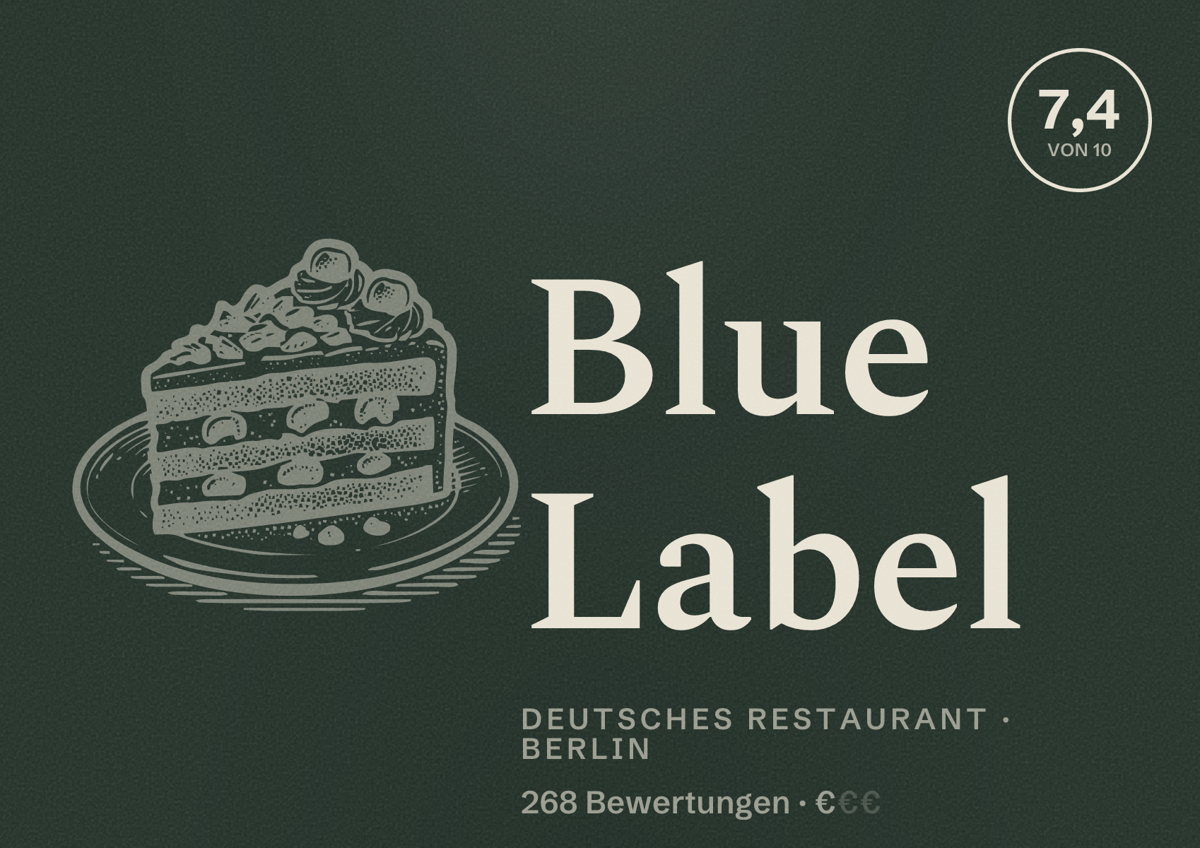 Illustriertes Poster von Blue Label, Deutsches Restaurant in Berlin: Bewertung 7,4 von 10 aus 268 Bewertungen, Preisniveau €