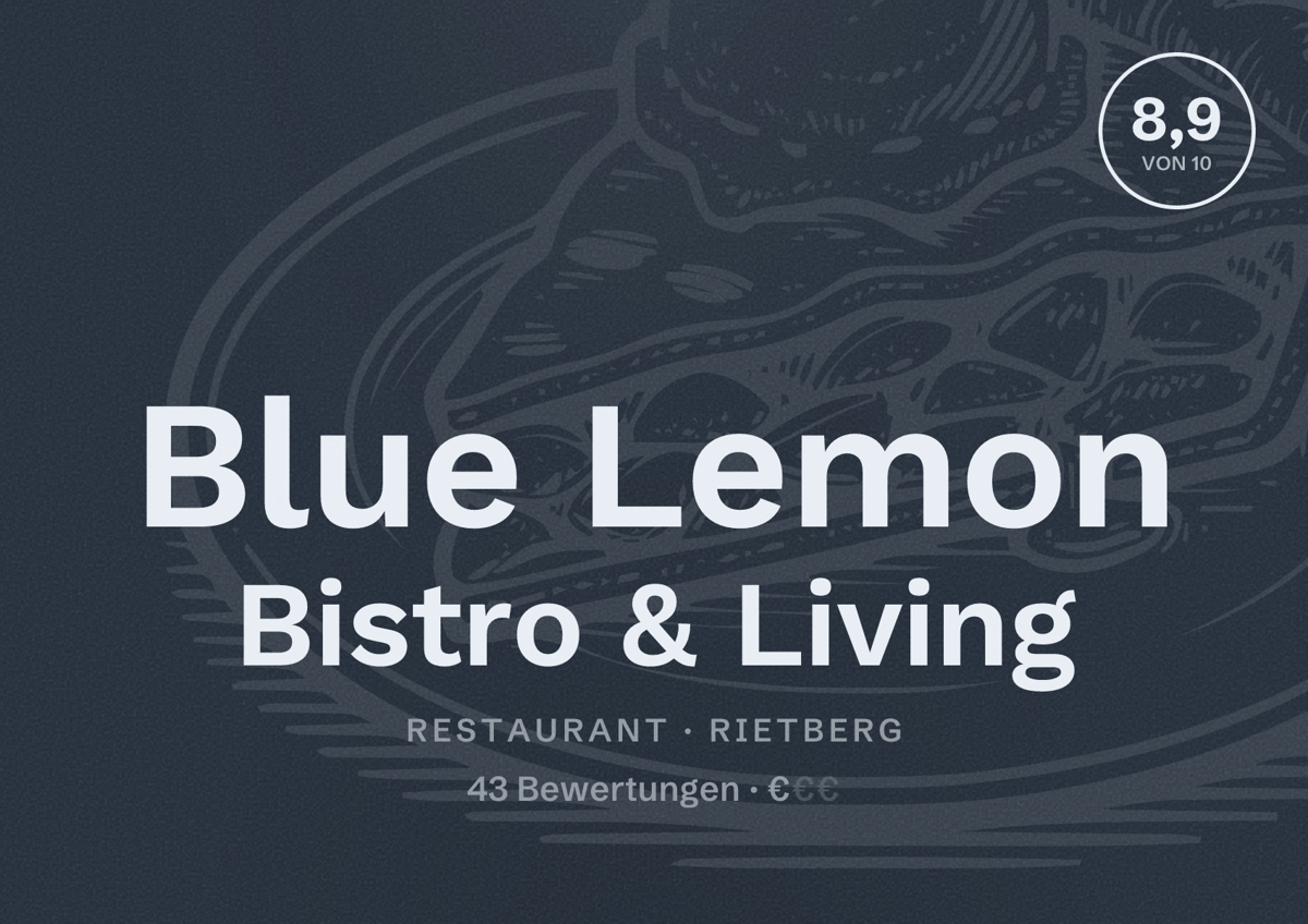 Illustriertes Poster von Blue Lemon Bistro & Living, Restaurant in Rietberg: Bewertung 8,9 von 10 aus 43 Bewertungen, Preisniveau €