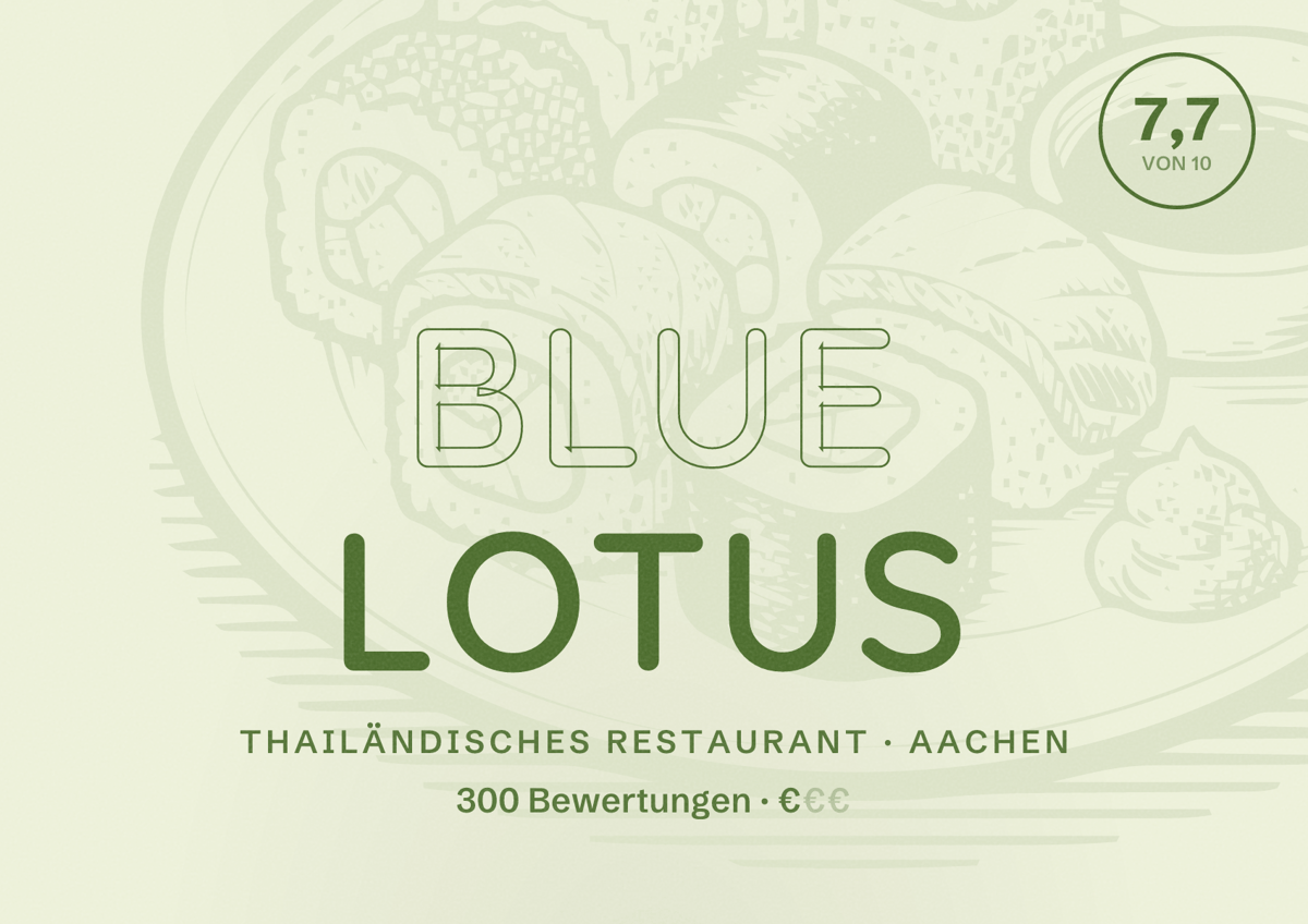 Illustriertes Poster von Blue Lotus, Thailändisches Restaurant in Aachen: Bewertung 7,7 von 10 aus 300 Bewertungen, Preisniveau €