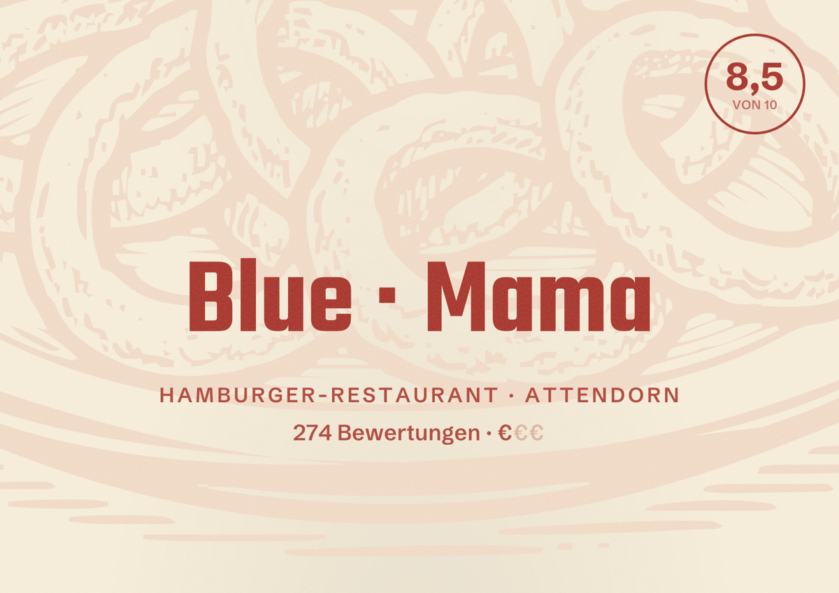 Illustriertes Poster von Blue Mama, Hamburger-Restaurant in Attendorn: Bewertung 8,5 von 10 aus 274 Bewertungen, Preisniveau €