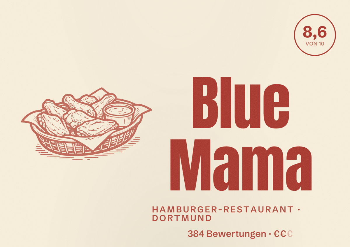 Illustriertes Poster von Blue Mama, Hamburger-Restaurant in Dortmund: Bewertung 8,6 von 10 aus 384 Bewertungen, Preisniveau €€
