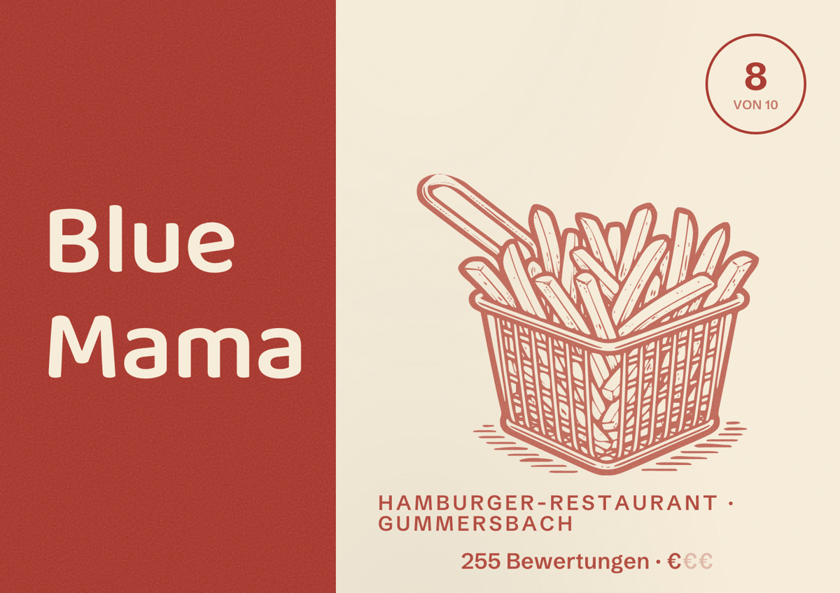 Illustriertes Poster von Blue Mama, Hamburger-Restaurant in Gummersbach: Bewertung 8 von 10 aus 255 Bewertungen, Preisniveau €