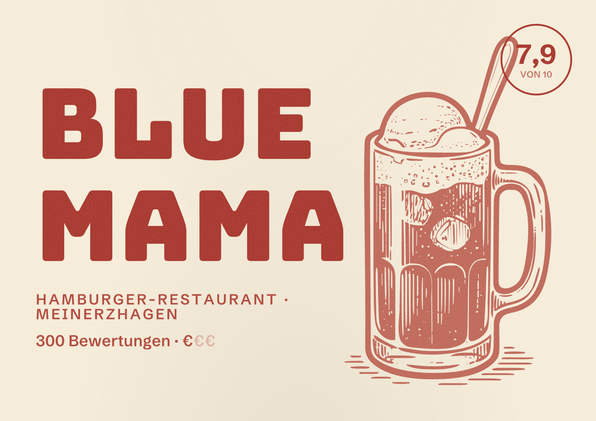 Illustriertes Poster von Blue Mama, Hamburger-Restaurant in Meinerzhagen: Bewertung 7,9 von 10 aus 300 Bewertungen, Preisniveau €