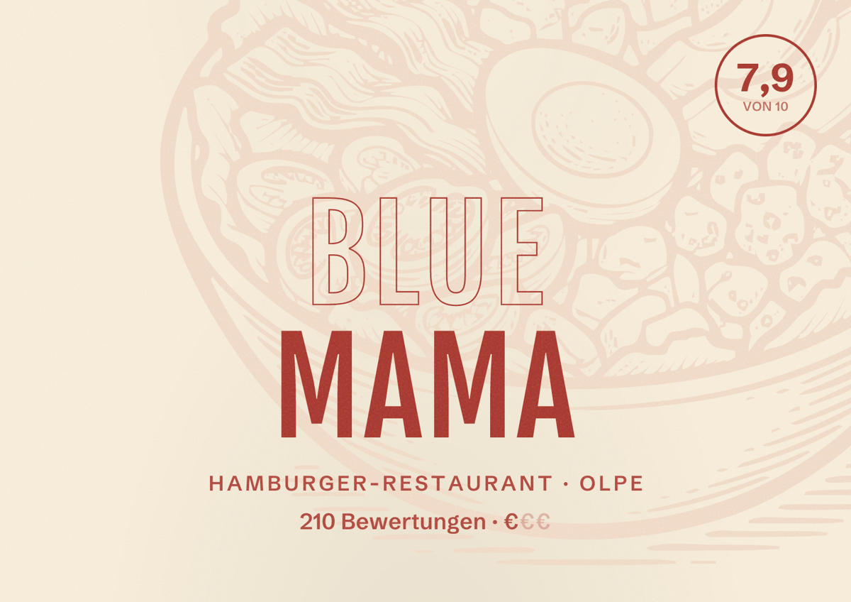 Illustriertes Poster von Blue Mama, Hamburger-Restaurant in Olpe: Bewertung 7,9 von 10 aus 210 Bewertungen, Preisniveau €