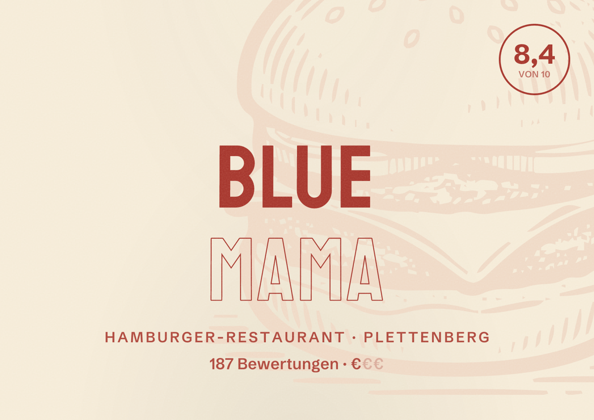 Illustriertes Poster von Blue Mama, Hamburger-Restaurant in Plettenberg: Bewertung 8,4 von 10 aus 187 Bewertungen, Preisniveau €