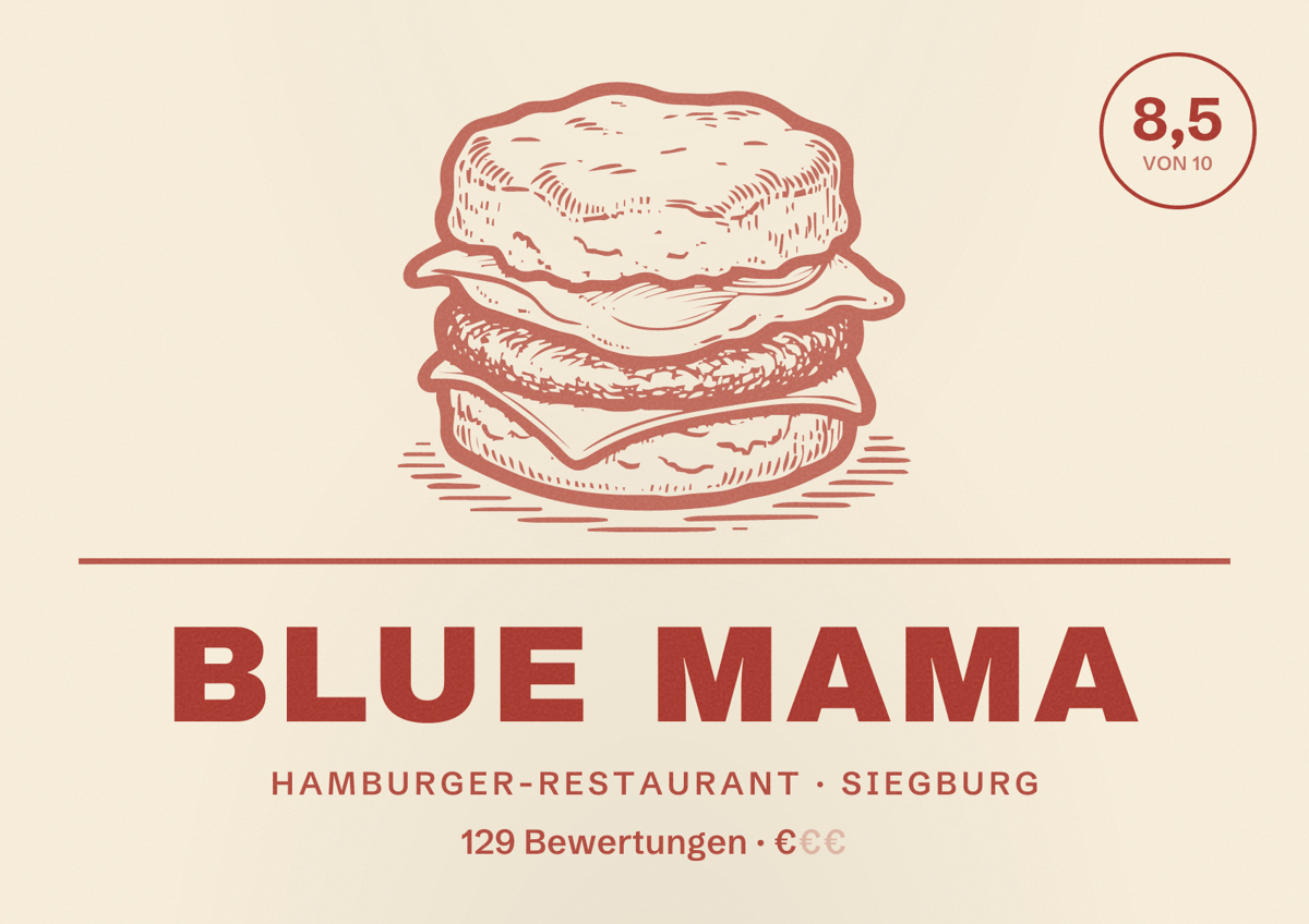 Illustriertes Poster von Blue Mama, Hamburger-Restaurant in Siegburg: Bewertung 8,5 von 10 aus 129 Bewertungen, Preisniveau €