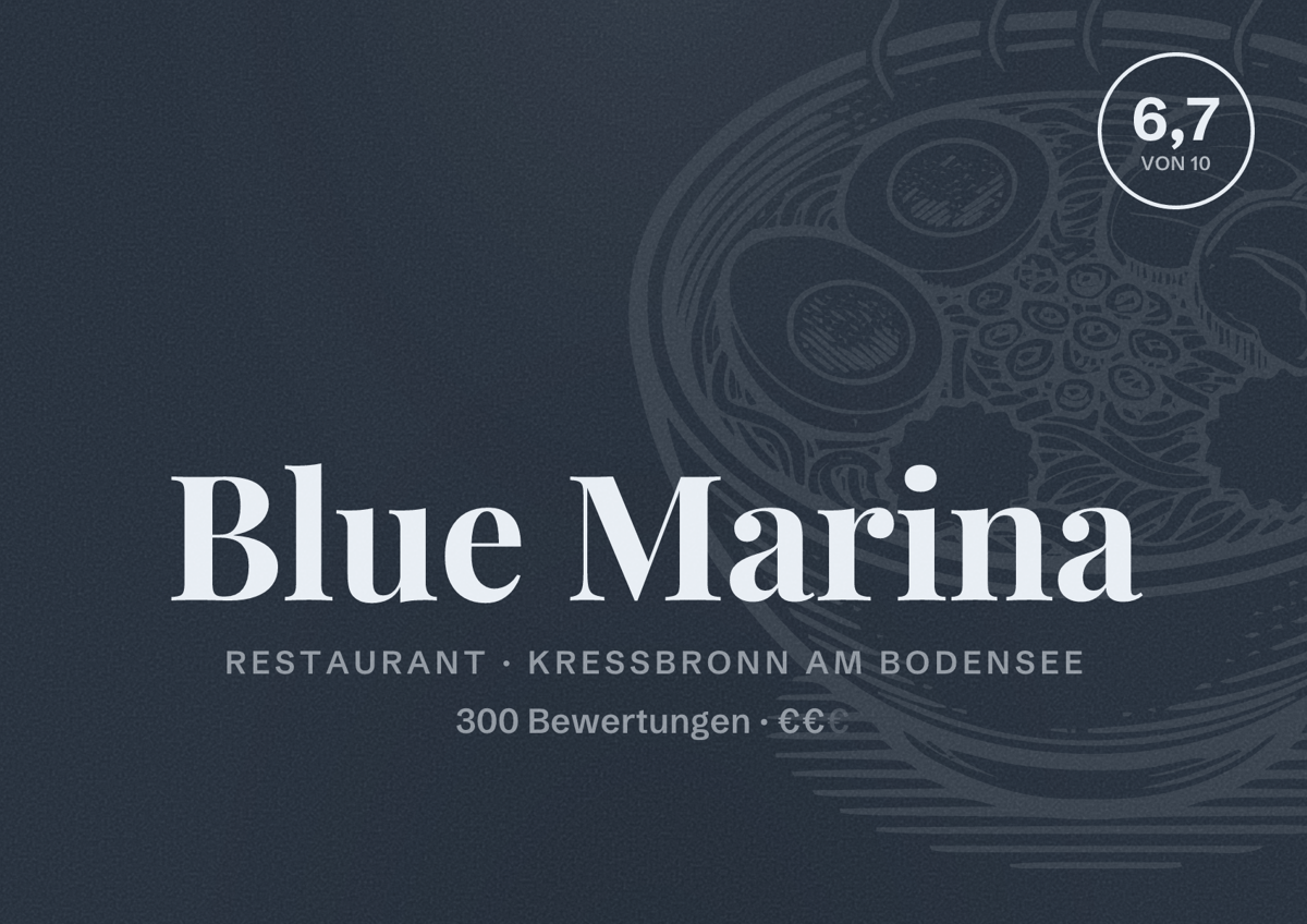 Illustriertes Poster von Blue Marina, Restaurant in Kressbronn am Bodensee: Bewertung 6,7 von 10 aus 300 Bewertungen, Preisniveau €€