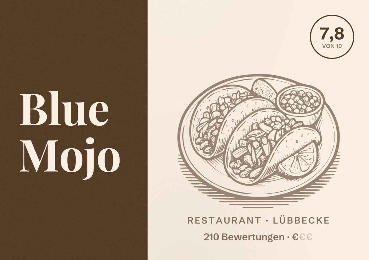 Illustriertes Poster von Blue Mojo, Restaurant in Lübbecke: Bewertung 7,8 von 10 aus 210 Bewertungen, Preisniveau €