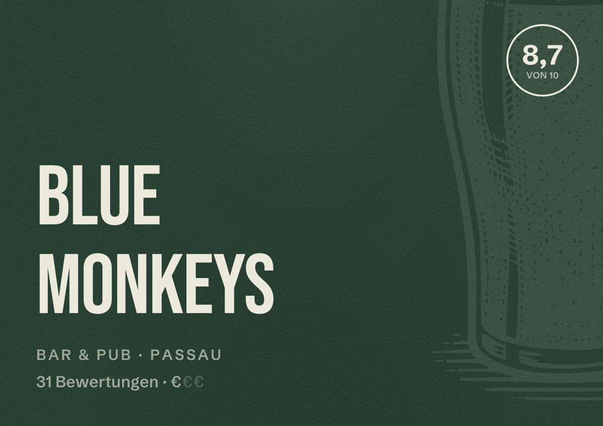 Illustriertes Poster von Blue Monkeys, Bar & Pub in Passau: Bewertung 8,7 von 10 aus 31 Bewertungen, Preisniveau €