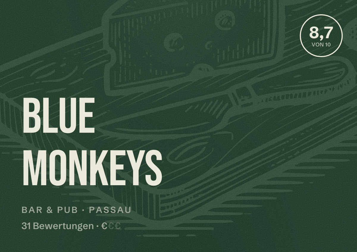 Illustriertes Poster von Blue Monkeys, Bar & Pub in Passau: Bewertung 8,7 von 10 aus 31 Bewertungen, Preisniveau €