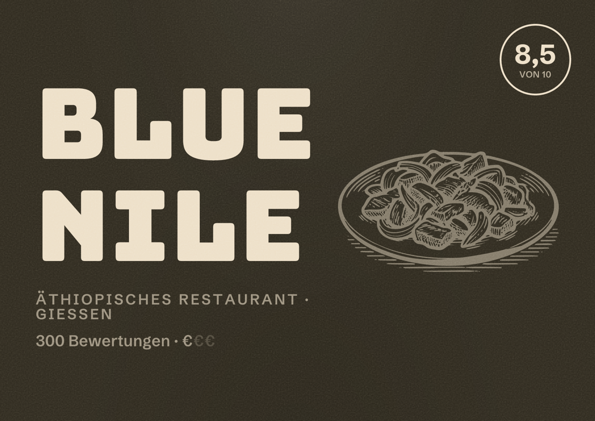 Illustriertes Poster von Blue Nile, Äthiopisches Restaurant in Gießen: Bewertung 8,5 von 10 aus 300 Bewertungen, Preisniveau €