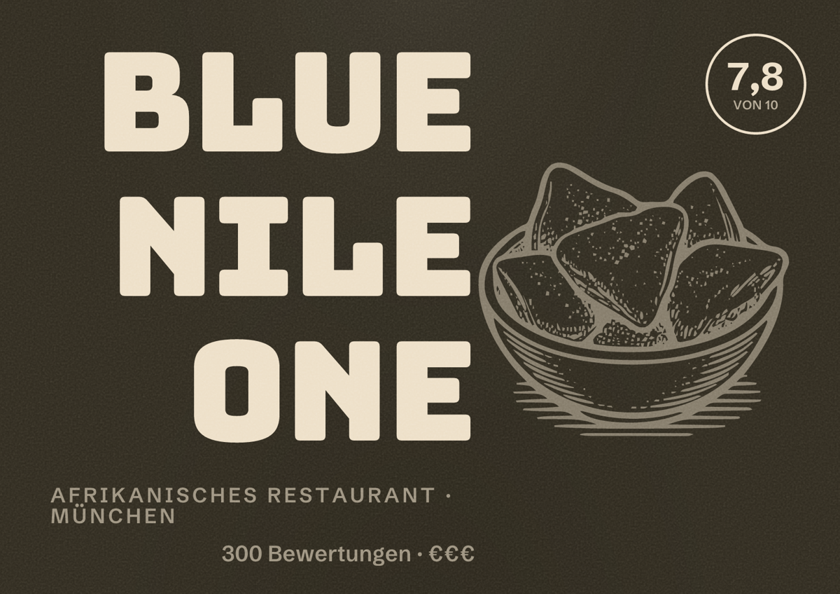 Illustriertes Poster von Blue Nile One, Afrikanisches Restaurant in München: Bewertung 7,8 von 10 aus 300 Bewertungen, Preisniveau €€€