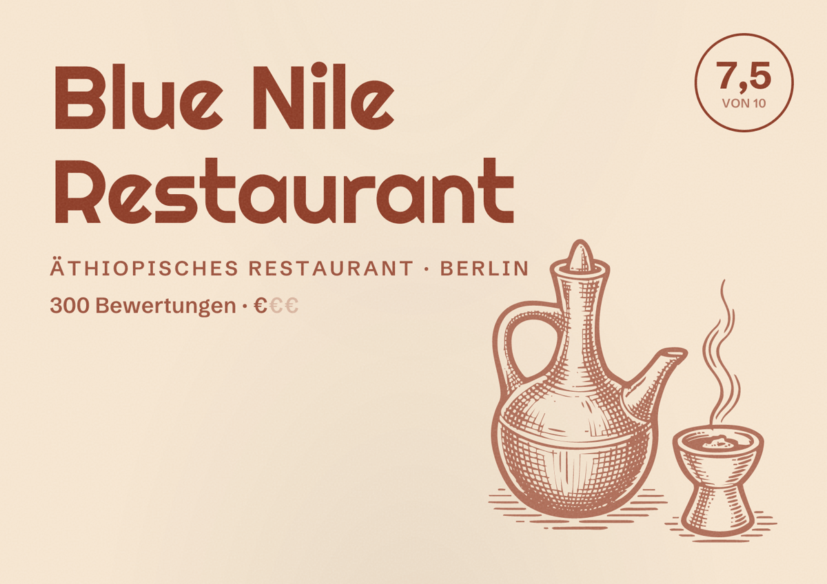 Illustriertes Poster von Blue Nile Restaurant, Äthiopisches Restaurant in Berlin: Bewertung 7,5 von 10 aus 300 Bewertungen, Preisniveau €