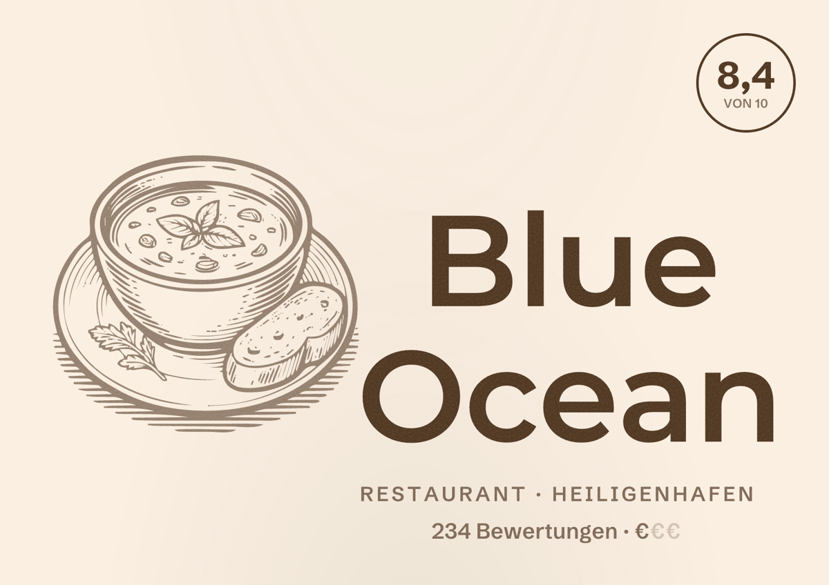 Illustriertes Poster von Blue Ocean, Restaurant in Heiligenhafen: Bewertung 8,4 von 10 aus 234 Bewertungen, Preisniveau €