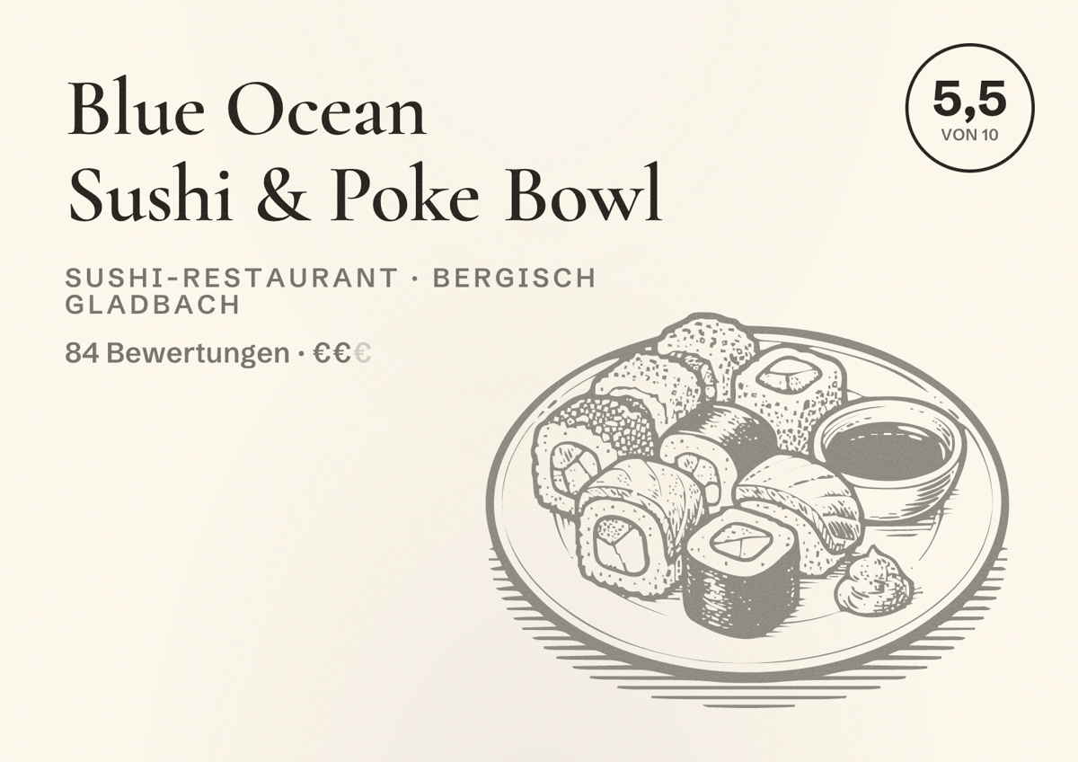 Illustriertes Poster von Blue Ocean Sushi & Poke Bowl, Sushi-Restaurant in Bergisch Gladbach: Bewertung 5,5 von 10 aus 84 Bewertungen, Preisniveau €€