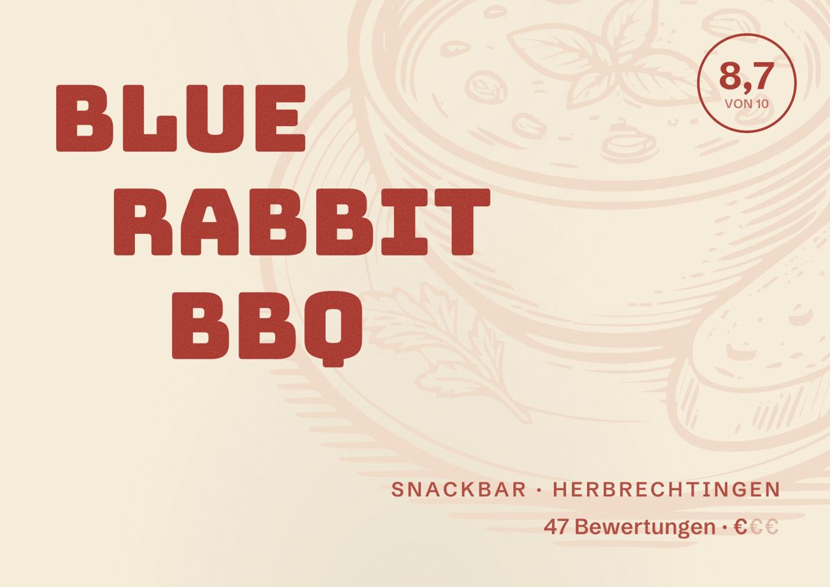 Illustriertes Poster von Blue Rabbit BBQ, Snackbar in Herbrechtingen: Bewertung 8,7 von 10 aus 47 Bewertungen, Preisniveau €