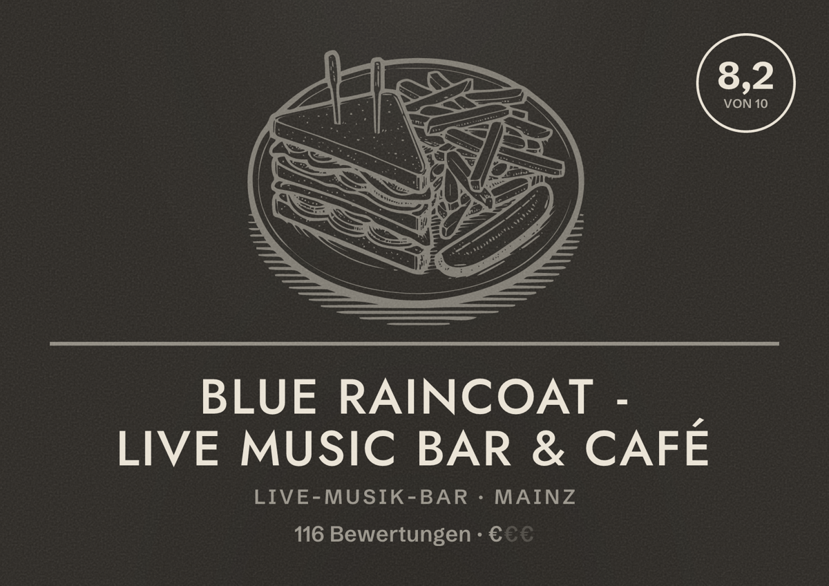 Illustriertes Poster von Blue Raincoat - Live Music Bar & Café, Live-Musik-Bar in Mainz: Bewertung 8,2 von 10 aus 116 Bewertungen, Preisniveau €