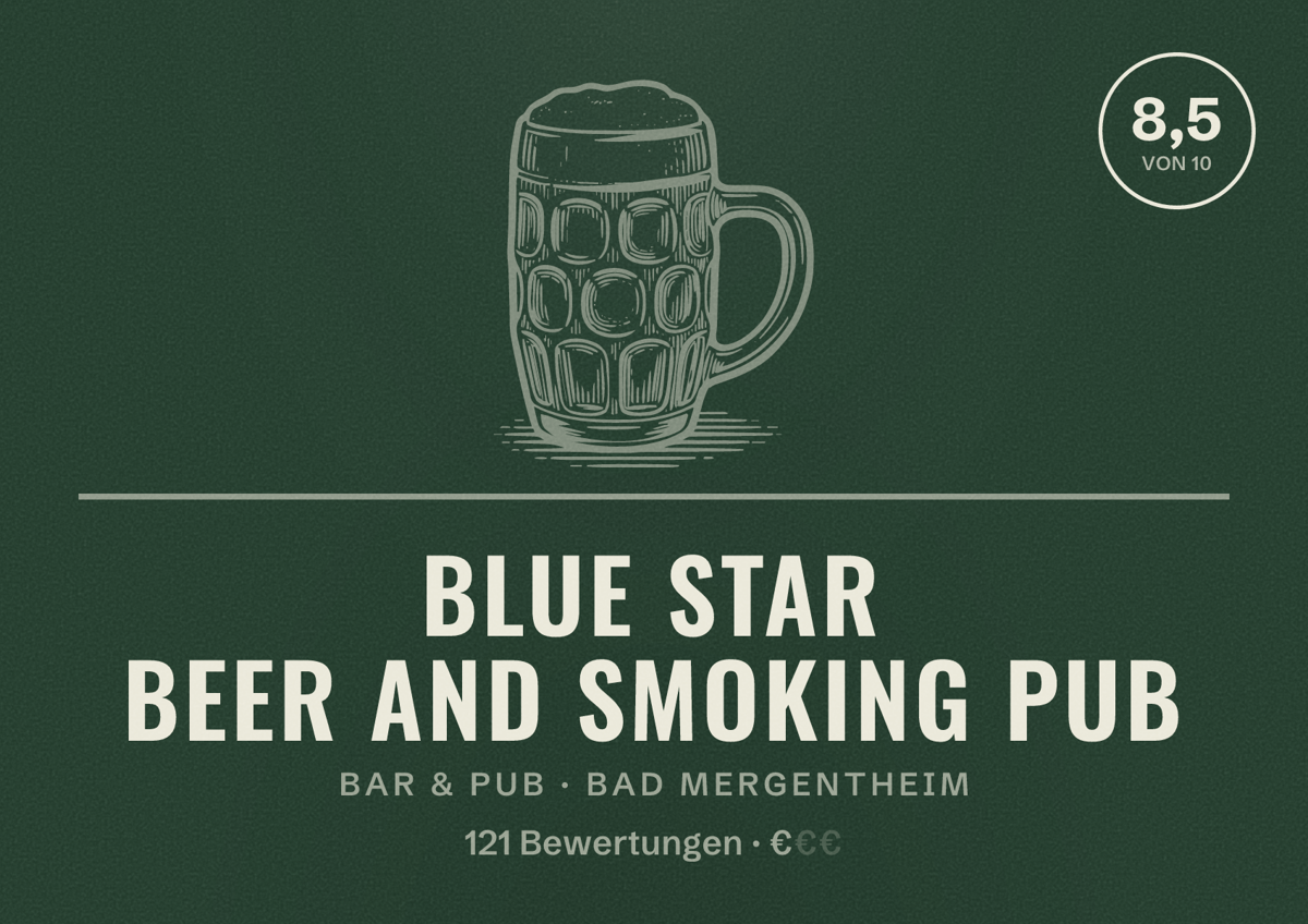 Illustriertes Poster von BLUE STAR beer and smoking pub, Bar & Pub in Bad Mergentheim: Bewertung 8,5 von 10 aus 121 Bewertungen, Preisniveau €