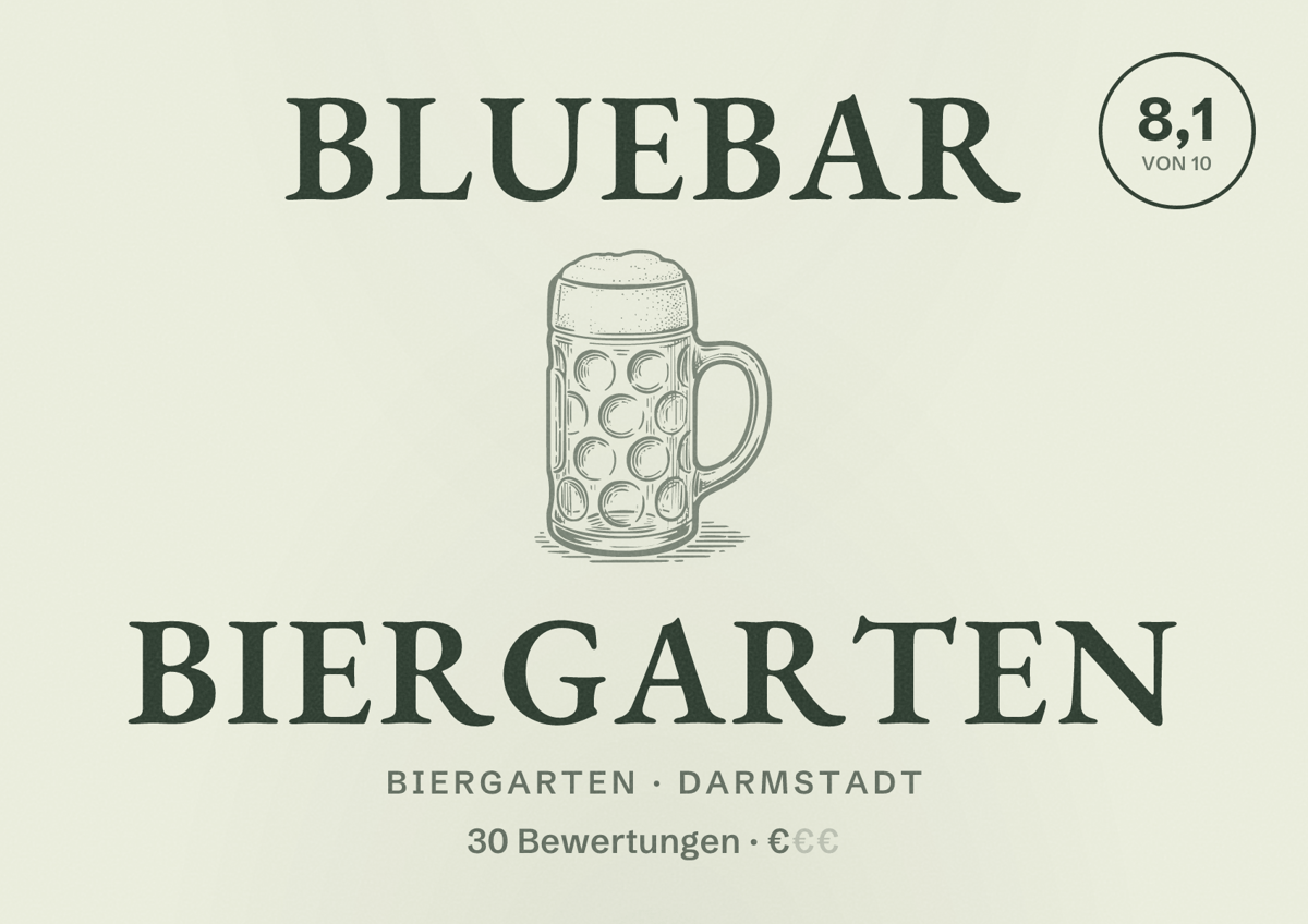 Illustriertes Poster von BlueBar Biergarten, Biergarten in Darmstadt: Bewertung 8,1 von 10 aus 30 Bewertungen, Preisniveau €