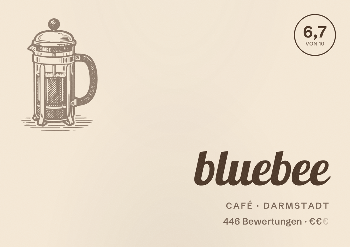 Illustriertes Poster von bluebee, Café in Darmstadt: Bewertung 6,7 von 10 aus 446 Bewertungen, Preisniveau €€