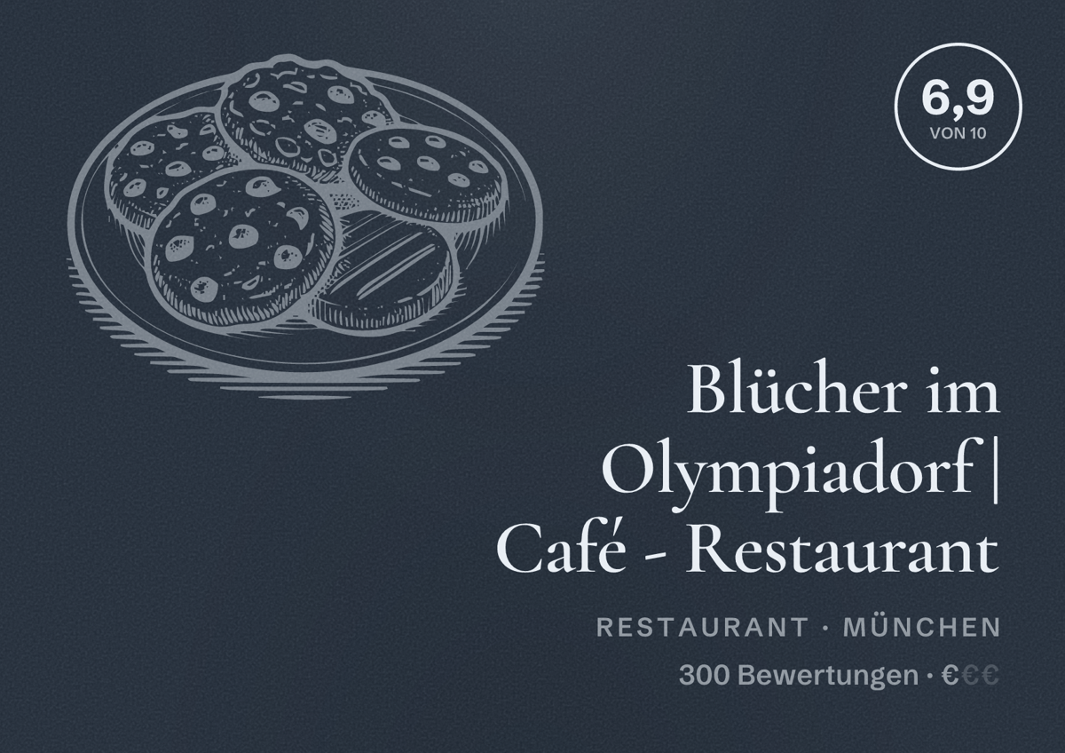 Illustriertes Poster von Blücher im Olympiadorf | Café - Restaurant, Restaurant in München: Bewertung 6,9 von 10 aus 300 Bewertungen, Preisniveau €