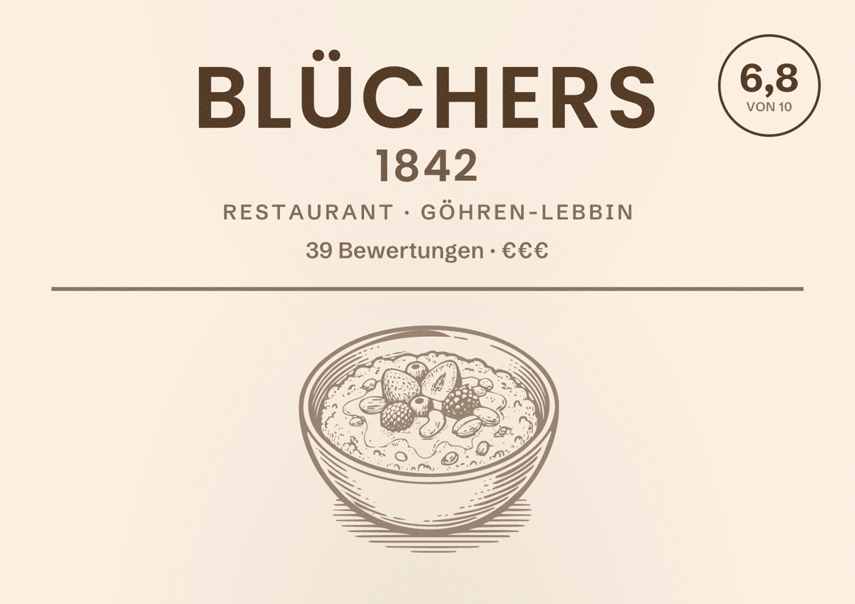 Illustriertes Poster von Blüchers 1842, Restaurant in Göhren-Lebbin: Bewertung 6,8 von 10 aus 39 Bewertungen, Preisniveau €€€