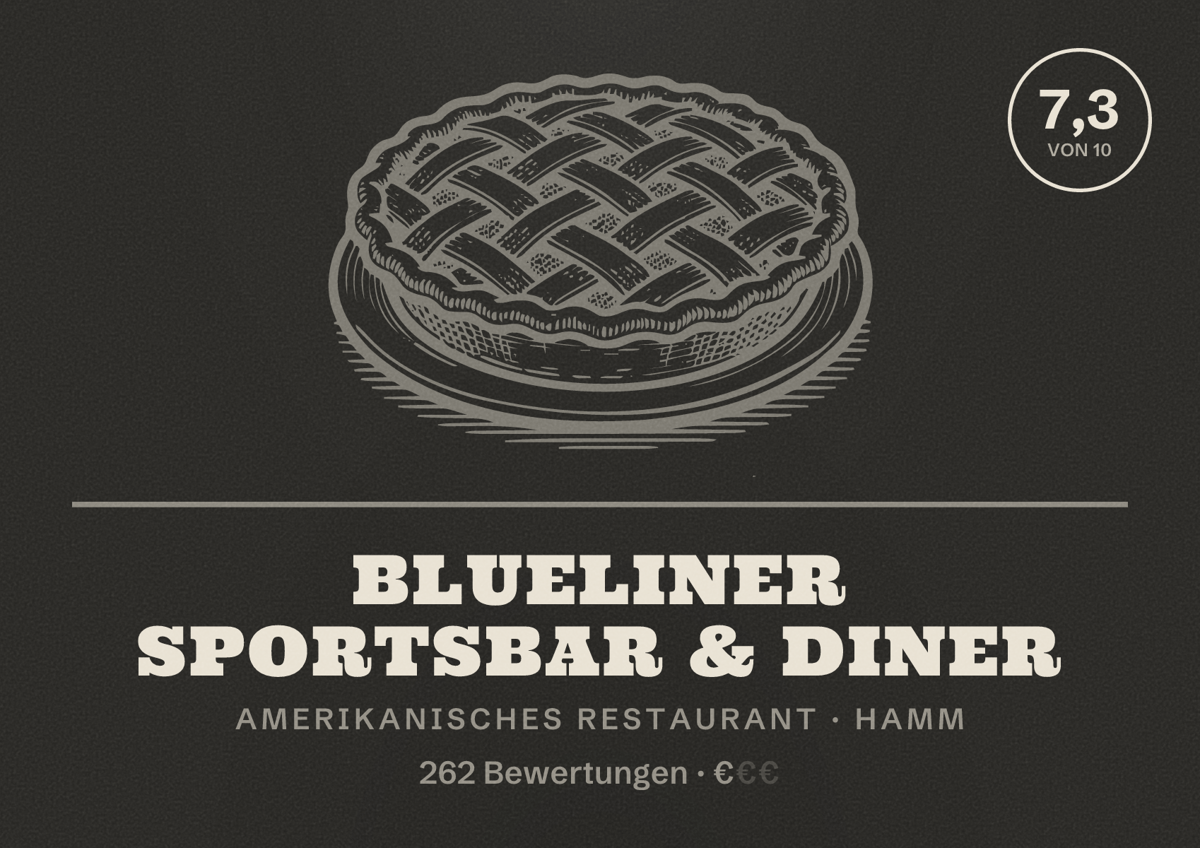 Illustriertes Poster von Blueliner Sportsbar & Diner, Amerikanisches Restaurant in Hamm: Bewertung 7,3 von 10 aus 262 Bewertungen, Preisniveau €