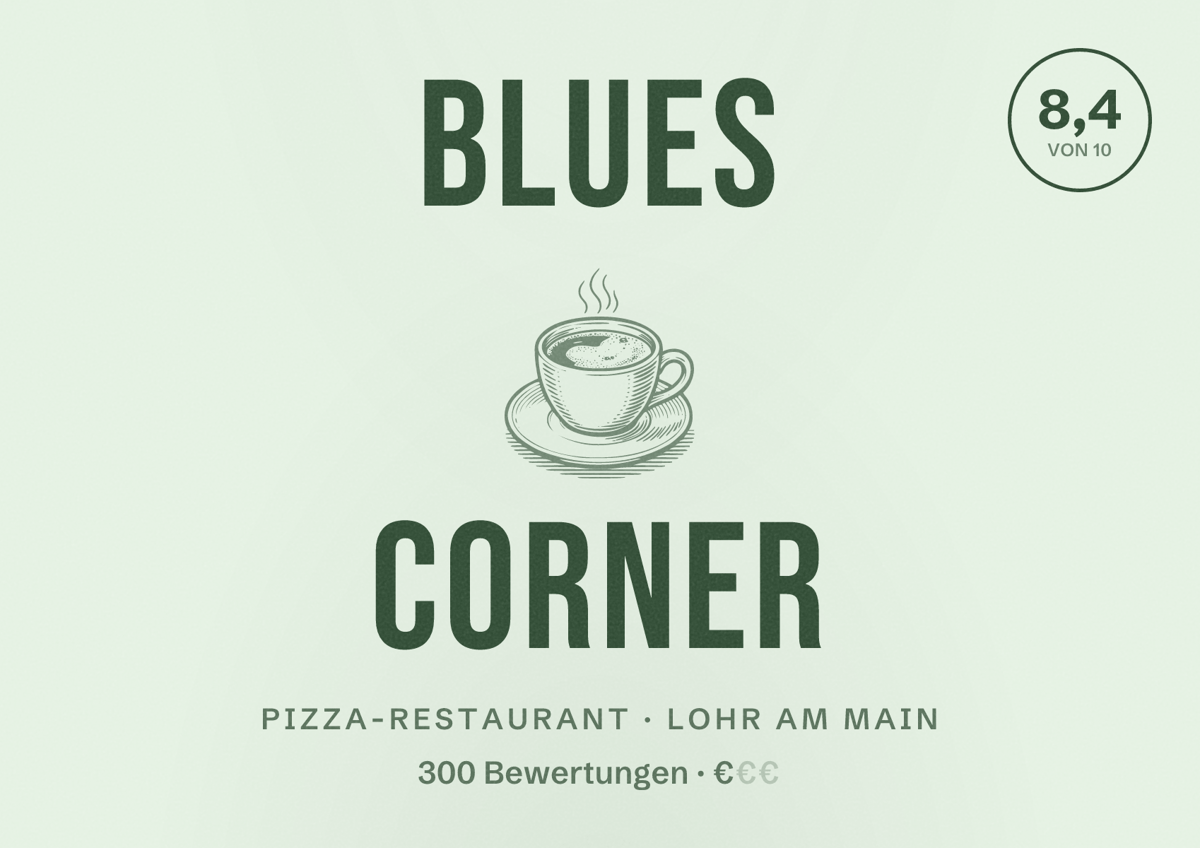 Illustriertes Poster von Blues Corner, Pizza-Restaurant in Lohr am Main: Bewertung 8,4 von 10 aus 300 Bewertungen, Preisniveau €