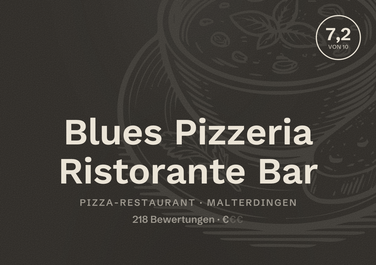Illustriertes Poster von Blues Pizzeria Ristorante Bar, Pizza-Restaurant in Malterdingen: Bewertung 7,2 von 10 aus 218 Bewertungen, Preisniveau €
