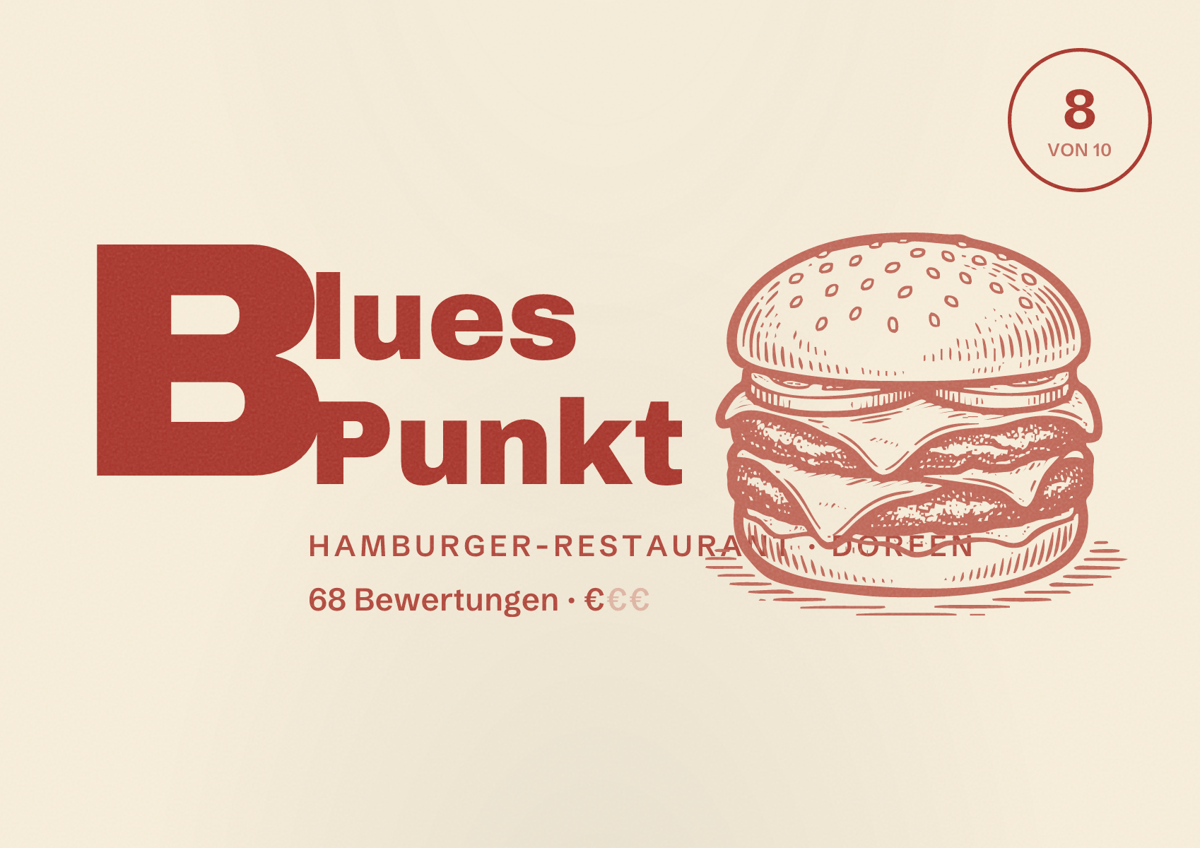 Illustriertes Poster von Blues Punkt, Hamburger-Restaurant in Dorfen: Bewertung 8 von 10 aus 68 Bewertungen, Preisniveau €