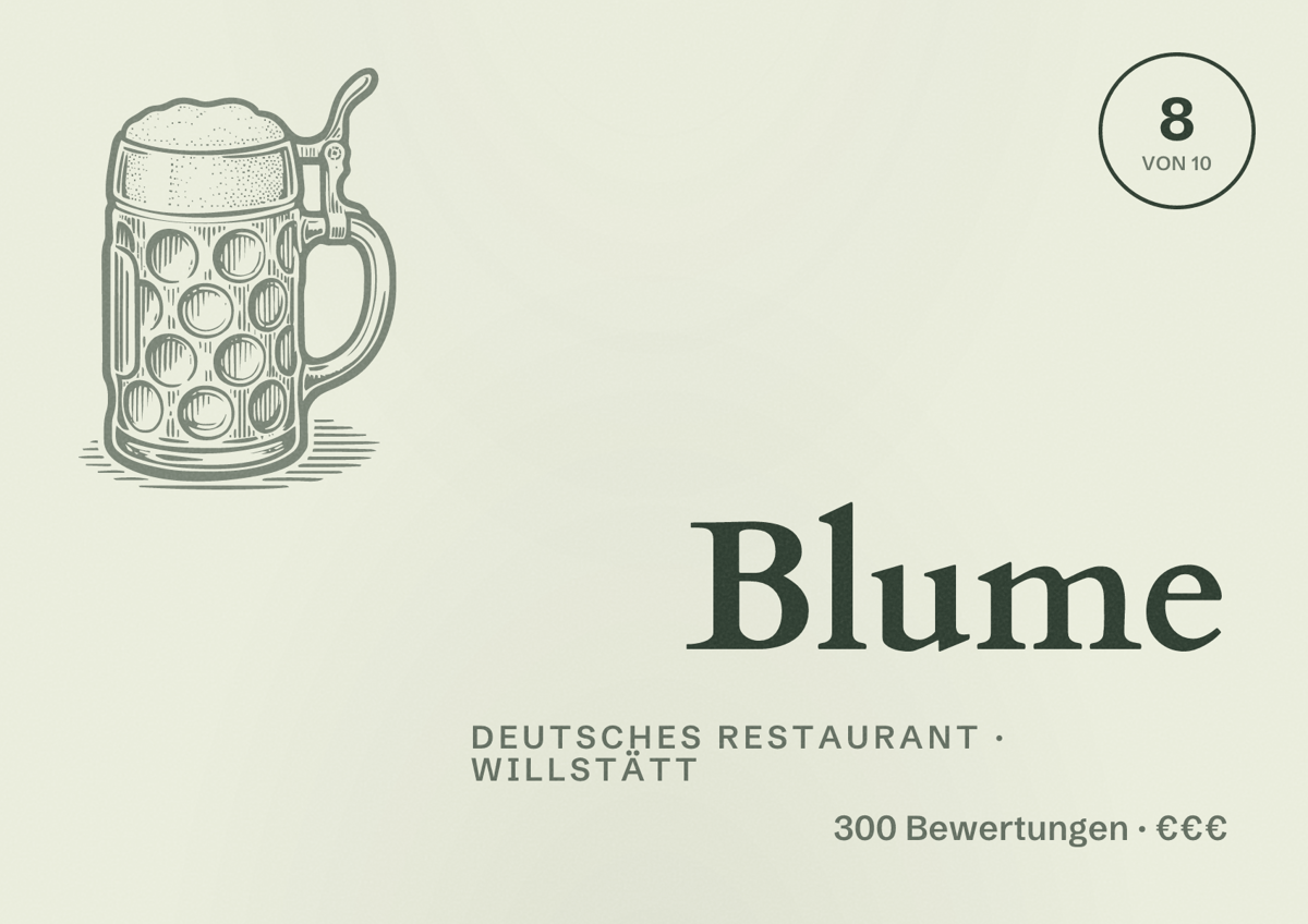 Illustriertes Poster von Blume, Deutsches Restaurant in Willstätt: Bewertung 8 von 10 aus 300 Bewertungen, Preisniveau €€€