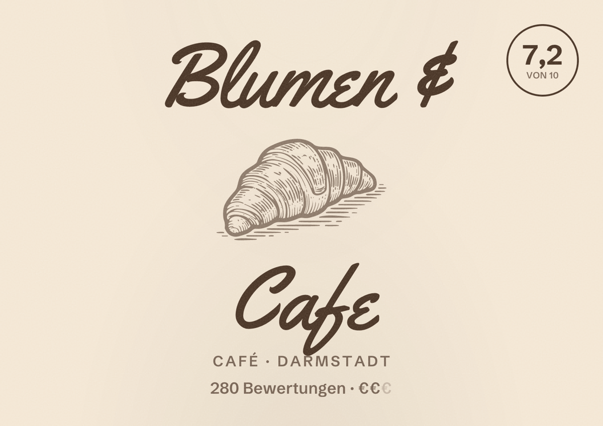 Illustriertes Poster von Blumen & Cafe, Café in Darmstadt: Bewertung 7,2 von 10 aus 280 Bewertungen, Preisniveau €€